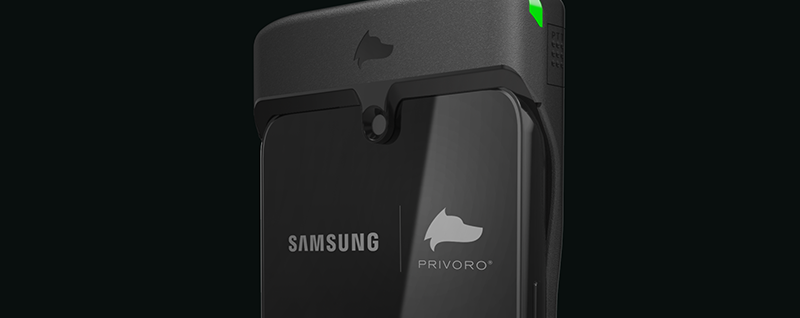 A Galaxy S22 phone, featuring the logos for Samsung and Privoro, inside a SafeCase